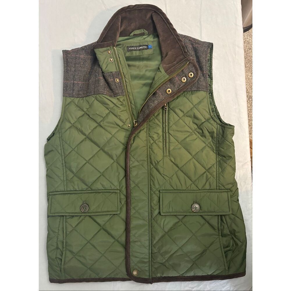 Vince Camuto Vest Men's Small Green Quilted Puffer Wool Trim Gorpcore Full Zip